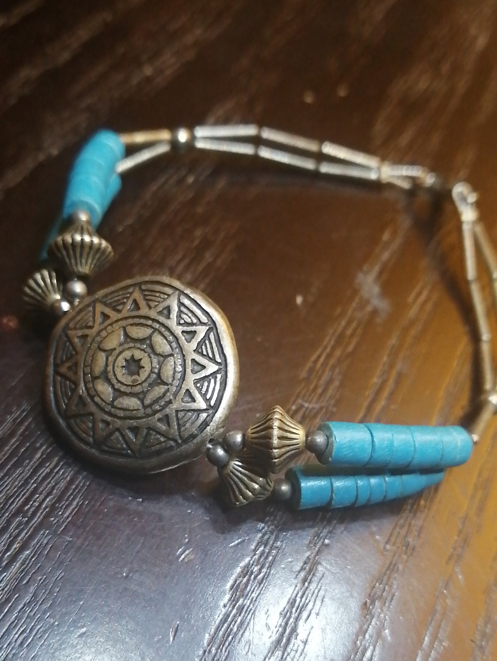 Antique Look Ethnic Style Synthetic Turquoise Beaded Vintage Bracelt 7.5" Long